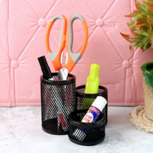khyati trio metal mesh pen stand – 3 in 1 round desk organizer set by 66