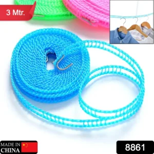 3 meter anti slip clothesline rope nylon, hooks, indoor/outdoor 25 sh