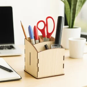 khyati wooden pen stand – cube shape desk organizer with multi section storage