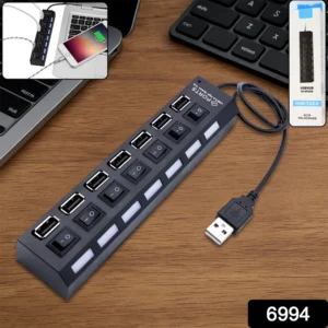 usb splitter multi port usb 2.0 hub, 7 port with independent on/off switch and led indicators usb a port data hub, suitable for pc computer keyboard laptop mobile hdd, flash drive etc 200sh