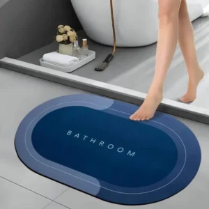 anti slip oval bathroom mat for floor | waterproof & quick dry soft rubber mat | printed “bathroom” design | modern anti skid floor mat for bathroom, bathtub, toilet – blue 78